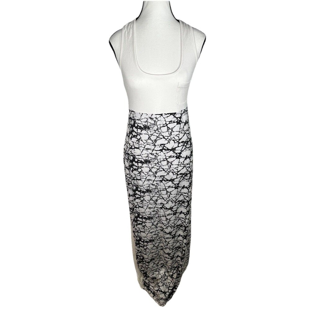 Akira Chicago Sleeveless Maxi Black and White Rayon Knit Dress Sz Med Open Back